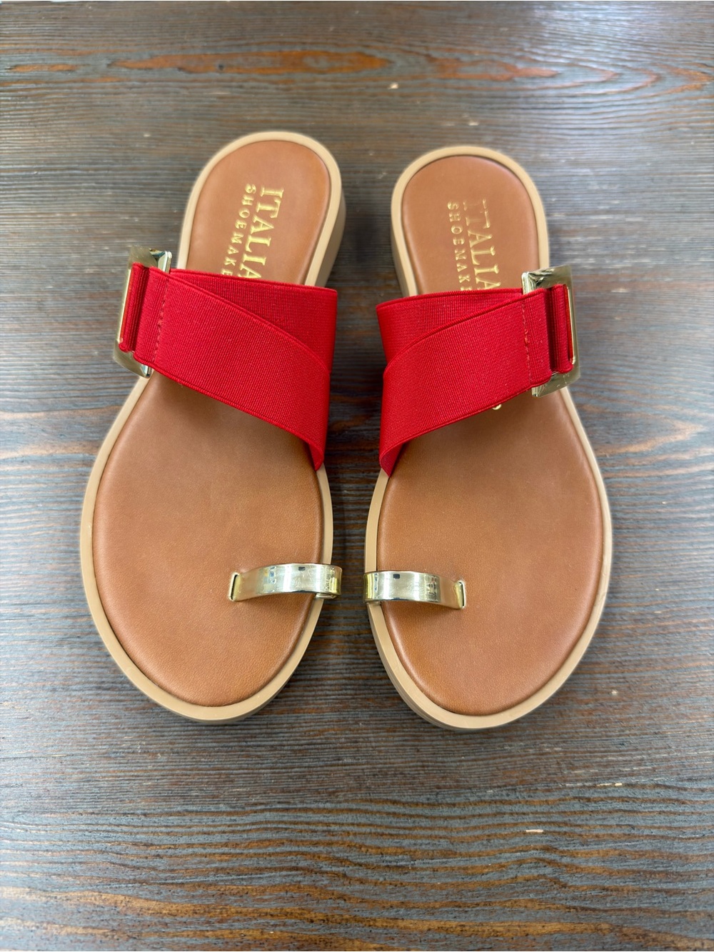 Italian Shoemakers Red Slide Sandals with Gold Accents - Picture 2 of 5